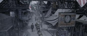 Movie still from “Ip Man” (2008), directed by Wilson Yip – A painting of an asian market with a lot of people walking around; Wide shot, High angle