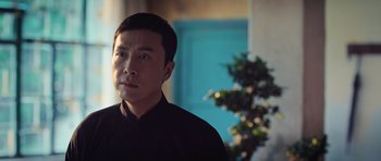 Movie still from “Ip Man 3” (2015), directed by Wilson Yip – A person wearing a black shirt near a tree; Close Up shot, Low angle