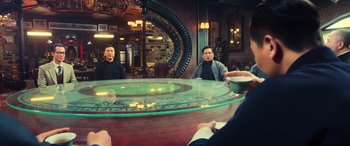 Movie still from “Ip Man 4: The Finale” (2019), directed by Wilson Yip – A group of people sitting around a table; Wide shot, Over the shoulder angle