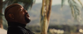 Movie still from “Iron Man 2” (2010), directed by Jon Favreau – A man with a beard is sitting in front of a palm tree; Close Up shot, Low angle