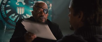 Movie still from “Iron Man 2” (2010), directed by Jon Favreau – Samuel l; Close Up shot, Over the shoulder angle