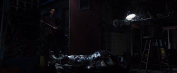 Movie still from “Iron Man 3” (2013), directed by Shane Black – Wide shot, Over the shoulder angle
