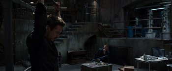 Movie still from “Iron Man 3” (2013), directed by Shane Black – Wide shot, Over the shoulder angle