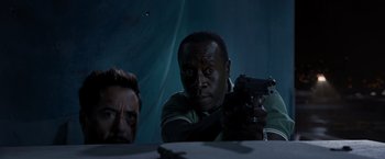 Movie still from “Iron Man 3” (2013), directed by Shane Black – Close Up shot, Over the shoulder angle