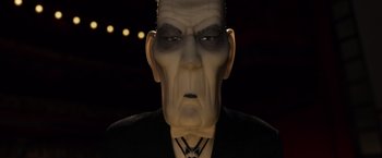 Movie still from “Isle of Dogs” (2018), directed by Wes Anderson – An image of a man with an angry face; Close Up shot, Low angle