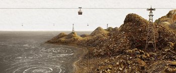 Movie still from “Isle of Dogs” (2018), directed by Wes Anderson – A cable car is going over a pile of trash; Extreme Wide shot, Overhead angle