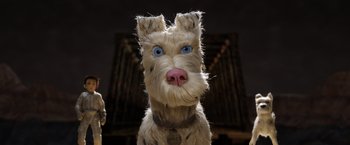 Movie still from “Isle of Dogs” (2018), directed by Wes Anderson – A stuffed dog with blue eyes and a pink nose; Close Up shot, Low angle