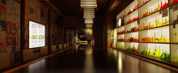 Movie still from “Isle of Dogs” (2018), directed by Wes Anderson – A person sitting at a table in a room; Extreme Wide shot, High angle