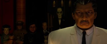 Movie still from “Isle of Dogs” (2018), directed by Wes Anderson – A man in a white shirt and a man in a black suit; Close Up shot, Low angle