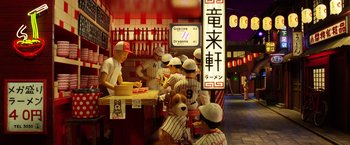 Movie still from “Isle of Dogs” (2018), directed by Wes Anderson – A group of baseball players in uniforms at a restaurant; Extreme Wide shot, High angle