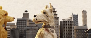 Movie still from “Isle of Dogs” (2018), directed by Wes Anderson – A white dog with a brown collar is standing in front of some buildings; Close Up shot, Low angle