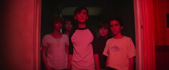 Movie still from “It” (2017), directed by Andy Muschietti – A group of young people standing in a room; Medium shot, Low angle