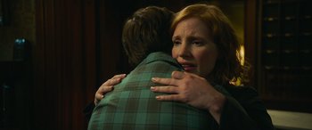 Movie still from “It Chapter Two” (2019), directed by Andy Muschietti – A woman is hugging a man in a green shirt; Close Up shot, Over the shoulder angle