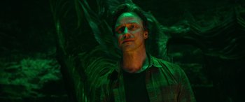 Movie still from “It Chapter Two” (2019), directed by Andy Muschietti – A man in a plaid shirt standing in front of a tree; Close Up shot, Low angle