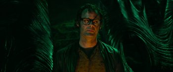 Movie still from “It Chapter Two” (2019), directed by Andy Muschietti – A man with glasses is standing next to a tree; Close Up shot, Low angle