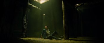 Movie still from “It Chapter Two” (2019), directed by Andy Muschietti – A man sitting on the ground next to a tree; Wide shot, High angle