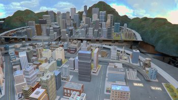 Movie still from “Jackass 4.5” (2022), directed by Jeff Tremaine – An aerial view of a city with a bridge in the background; Extreme Wide shot, High angle