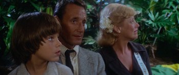 Movie still from “Jaws 2” (1978), directed by Jeannot Szwarc – A man and two women and a child in a room with plants; Close Up shot, Over the shoulder angle
