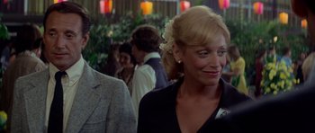 Movie still from “Jaws 2” (1978), directed by Jeannot Szwarc – A woman in a black dress standing next to a man in a suit and tie; Close Up shot, Over the shoulder angle