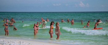 Movie still from “Jaws 2” (1978), directed by Jeannot Szwarc – A group of people in the water at the beach; Extreme Wide shot, High angle