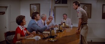 Movie still from “Jaws 2” (1978), directed by Jeannot Szwarc – A group of people sitting around a table; Medium shot, Low angle