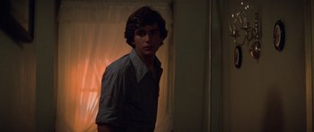 Movie still from “Jaws 2” (1978), directed by Jeannot Szwarc – A man standing in front of a window in the dark; Medium shot, Over the shoulder angle