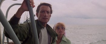 Movie still from “Jaws 2” (1978), directed by Jeannot Szwarc – A man and a woman standing next to each other on the beach; Close Up shot, Low angle