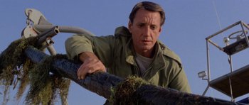 Movie still from “Jaws 2” (1978), directed by Jeannot Szwarc – A person leaning on a tree branch; Close Up shot, Low angle