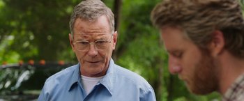 Movie still from “Jerry and Marge Go Large” (2022), directed by David Frankel – An older man wearing glasses and a blue shirt; Close Up shot, Over the shoulder angle