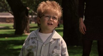 Movie still from “Jerry Maguire” (1996), directed by Cameron Crowe – A little boy with a spiky mohawk haircut; Close Up shot, Low angle