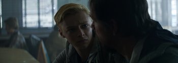 Movie still from “Joe Bell” (2020), directed by Reinaldo Marcus Green – A young man looking at a younger man in a mirror; Close Up shot, Over the shoulder angle