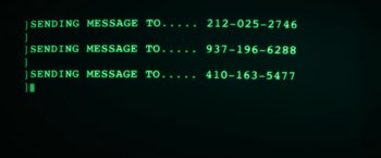 Movie still from “John Wick: Chapter 3 - Parabellum” (2019), directed by Chad Stahelski – A computer screen with a green screen with numbers; Extreme Close Up shot, Overhead angle