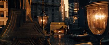 Movie still from “John Wick: Chapter 3 - Parabellum” (2019), directed by Chad Stahelski – Two people standing in front of an open fireplace; Extreme Wide shot, High angle