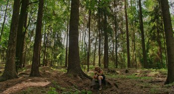 Movie still from “Jojo Rabbit” (2019), directed by Taika Waititi – A woman sitting on a tree in the middle of a forest; Extreme Wide shot, High angle