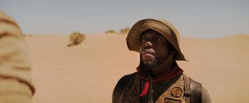 Movie still from “Jumanji: The Next Level” (2019), directed by Jake Kasdan – A man with a beard wearing a cowboy hat; Close Up shot, Low angle