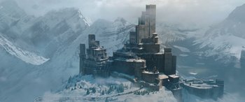 Movie still from “Jumanji: The Next Level” (2019), directed by Jake Kasdan – An artistic rendering of a castle in the middle of a snowy mountain; Extreme Wide shot, High angle