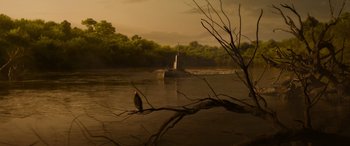 Movie still from “Jungle Cruise” (2021), directed by Jaume Collet-Serra – A bird sitting on top of a tree in the middle of a river; Extreme Wide shot, High angle