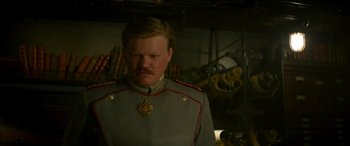 Movie still from “Jungle Cruise” (2021), directed by Jaume Collet-Serra – A man in a military uniform with a mustache; Close Up shot, Low angle