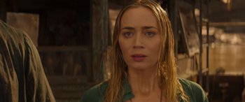 Movie still from “Jungle Cruise” (2021), directed by Jaume Collet-Serra – A person with wet hair; Close Up shot, Over the shoulder angle