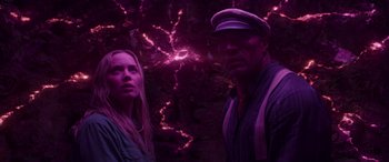 Movie still from “Jungle Cruise” (2021), directed by Jaume Collet-Serra – A man and a woman standing next to each other; Close Up shot, Low angle