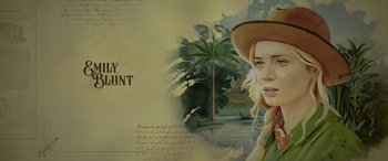Movie still from “Jungle Cruise” (2021), directed by Jaume Collet-Serra – A painting of a woman with a hat and a palm tree in the background; Extreme Close Up shot, Low angle