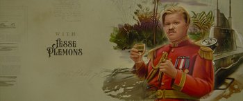 Movie still from “Jungle Cruise” (2021), directed by Jaume Collet-Serra – A painting of a man holding a glass of wine; Extreme Close Up shot, Low angle