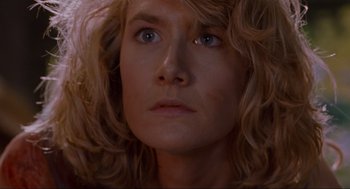 Movie still from “Jurassic Park” (1993), directed by Steven Spielberg – A woman's face in a room; Close Up shot, Low angle