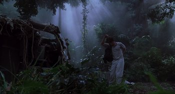 Movie still from “Jurassic Park III” (2001), directed by Joe Johnston – A man standing in the middle of a forest; Wide shot, Low angle