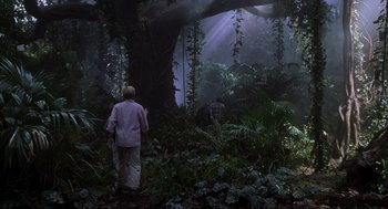 Movie still from “Jurassic Park III” (2001), directed by Joe Johnston – A man and a woman walking through a forest; Extreme Wide shot, Low angle