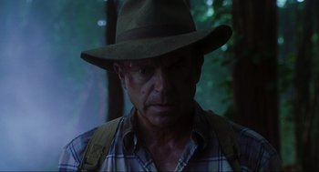 Movie still from “Jurassic Park III” (2001), directed by Joe Johnston – A person wearing a hat with trees in the background; Close Up shot, Low angle