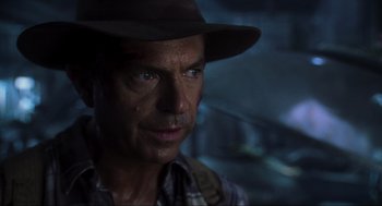 Movie still from “Jurassic Park III” (2001), directed by Joe Johnston – A person wearing a hat and looking at the camera; Close Up shot, Over the shoulder angle