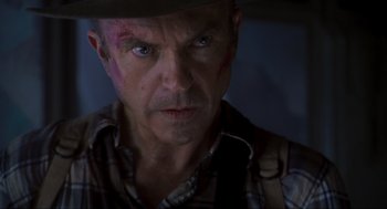 Movie still from “Jurassic Park III” (2001), directed by Joe Johnston – A person wearing a hat; Close Up shot, Low angle