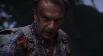 Movie still from “Jurassic Park III” (2001), directed by Joe Johnston – A person wearing a plaid shirt; Close Up shot, Over the shoulder angle