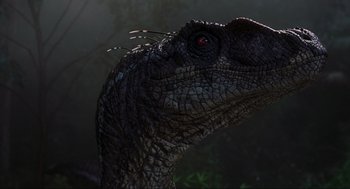 Movie still from “Jurassic Park III” (2001), directed by Joe Johnston – View of the head of a dinosaur; Extreme Close Up shot, Low angle